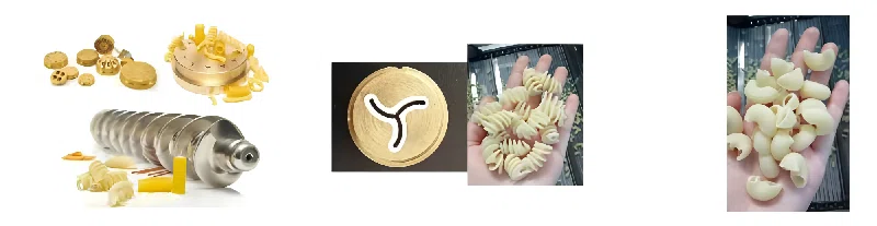 Industrial extrusion screw pasta molds and finished short-cut samples