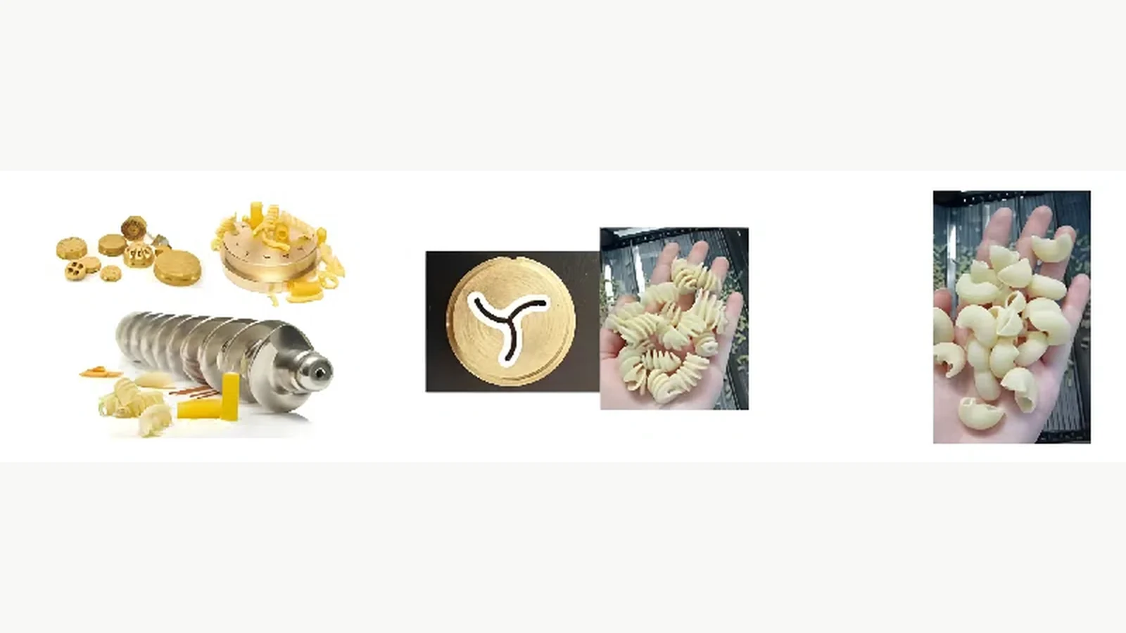 Industrial pasta screw die and sample references used to define a shape changeover