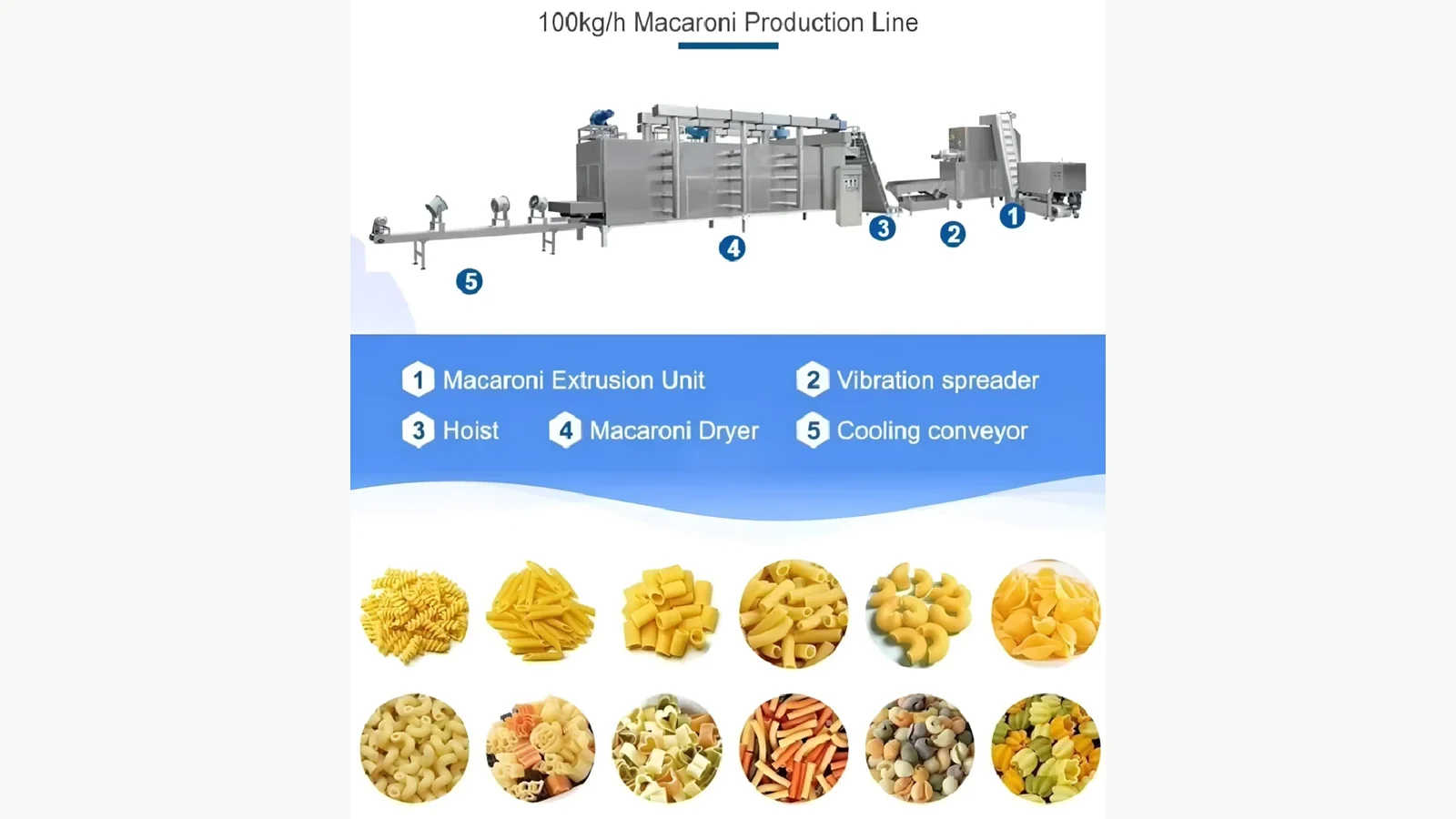 Industrial macaroni line reference showing the dryer and cooling conveyor sequence