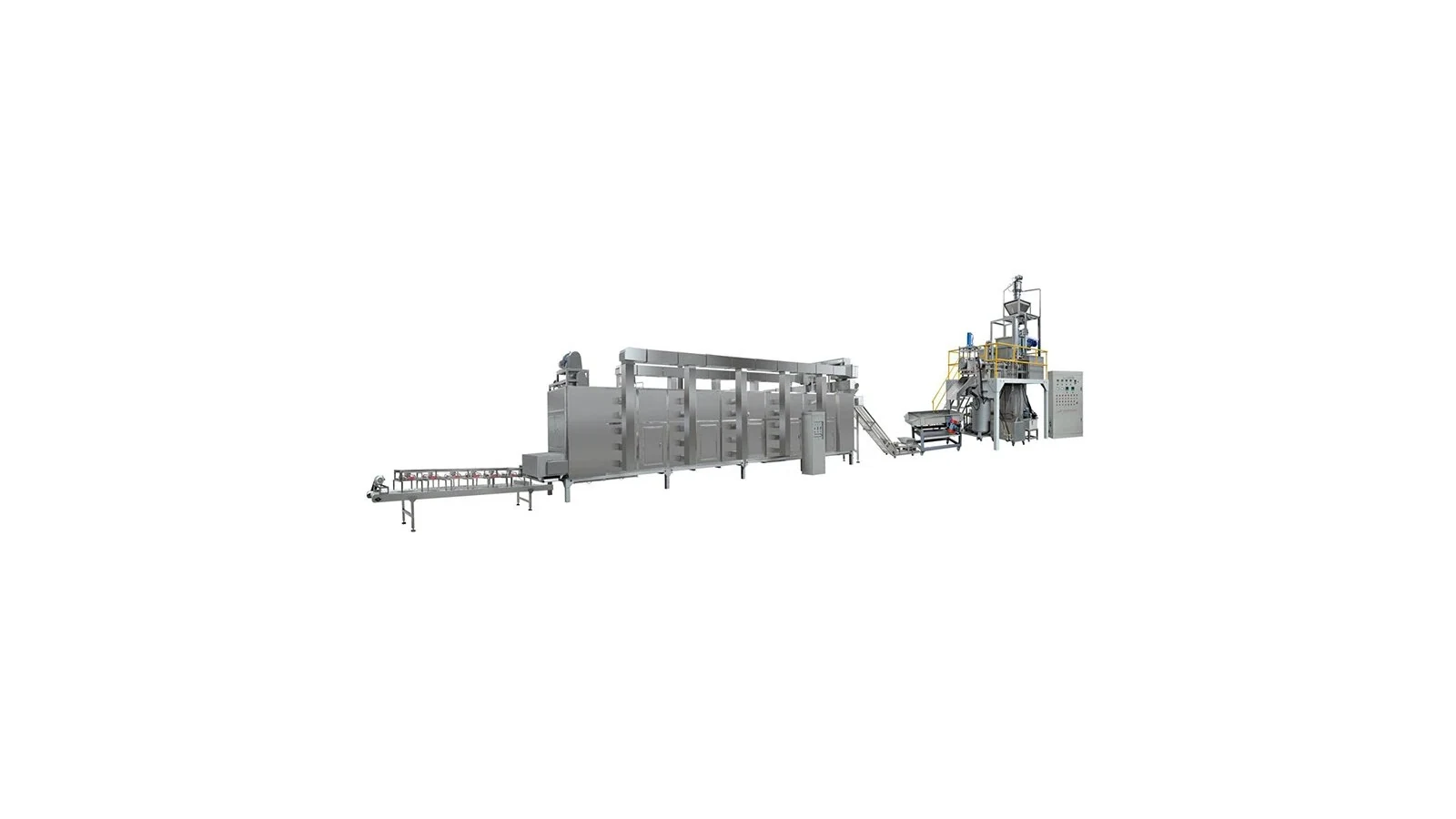 Complete industrial macaroni production line arranged from extrusion through drying